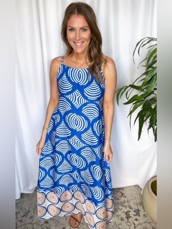 glam Dresses & Skirts - Blue & White Geometric Maxi Dress with contrasting trim
